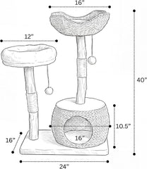 Modern cat tree tower with caves, solid wood cat catching poles for large adult cats indoors, solid wood climbing tower