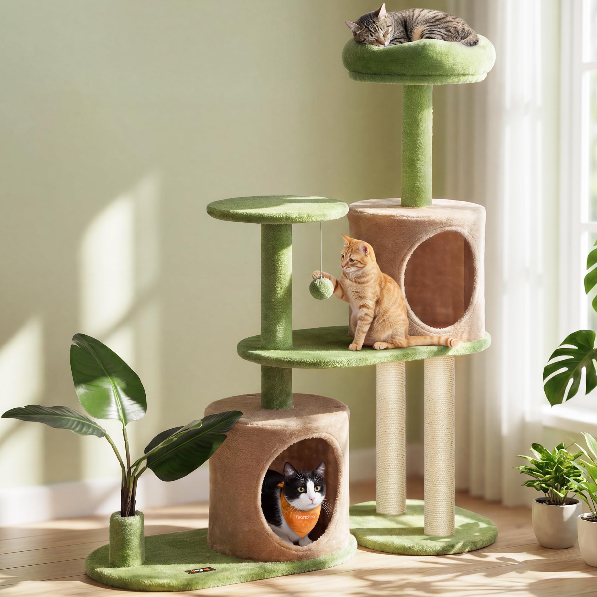 Cat tree, 68.1-inch tall cat tower, multi-layered plush apartment with artificial leaves, 3 grab poles, 2 awnings with bells