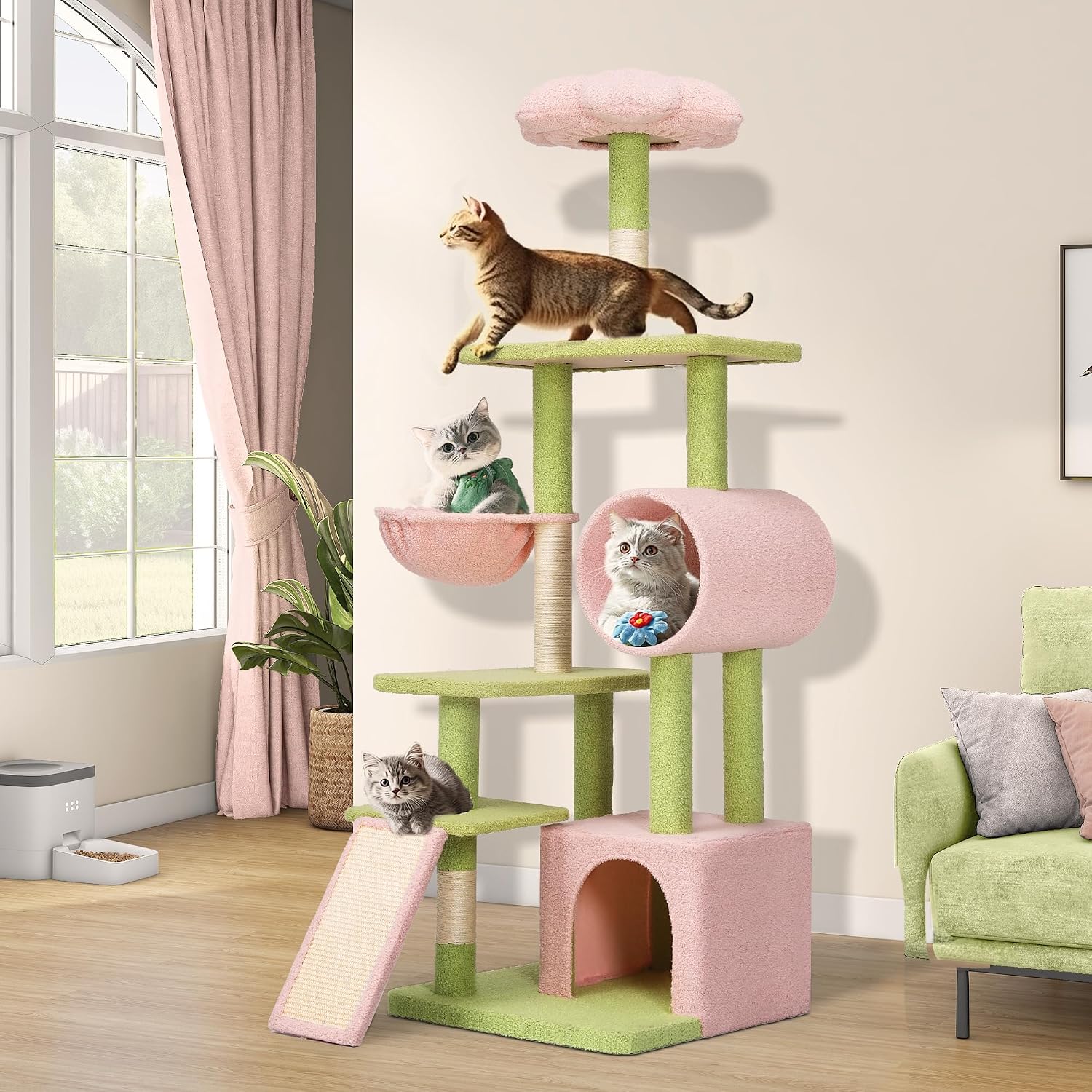 Tall cat tree tower with detachable porch, 65 inch cute indoor cat climbing tower