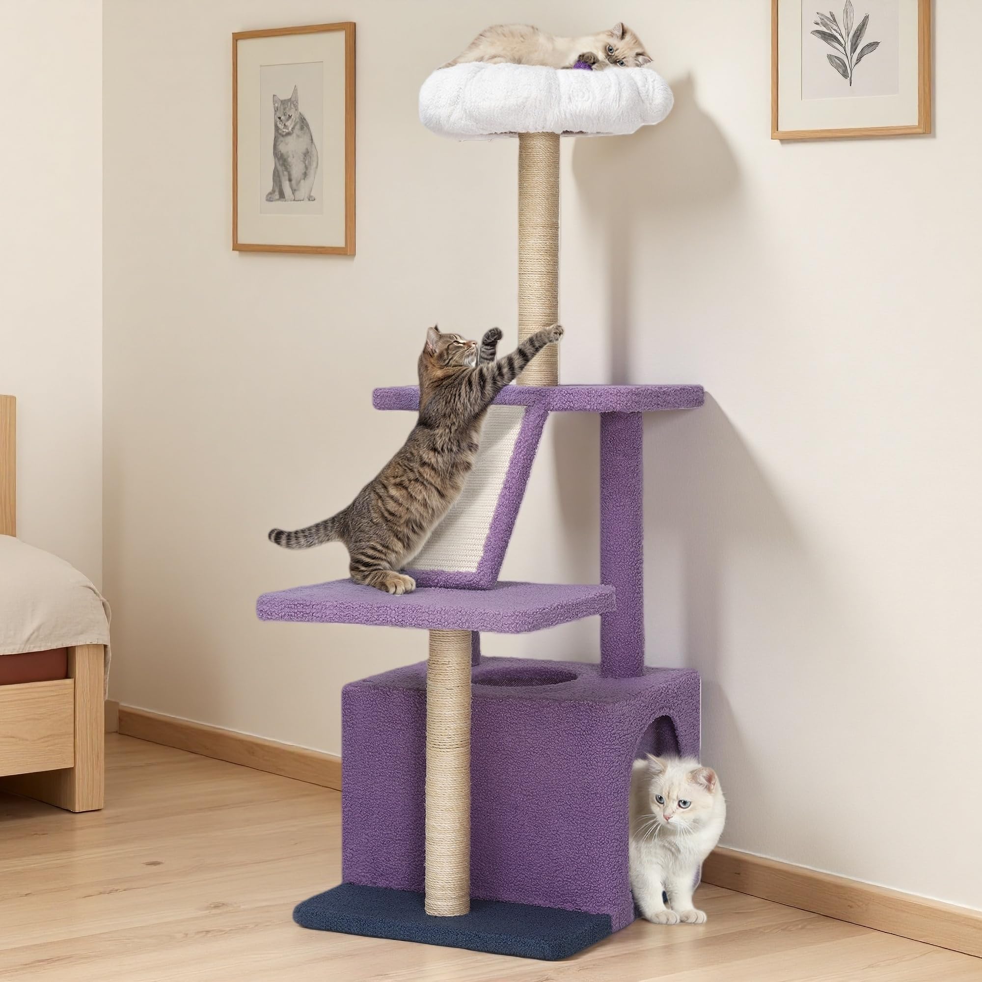 Tall cat tree tower with detachable porch, 65 inch cute indoor cat climbing tower
