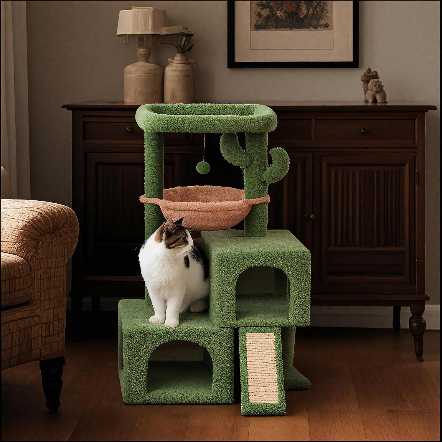 37.4 "Cactus Cat Tree Tower, equipped with indoor twin cat apartments, integrated sea bass hammocks, and toy balls