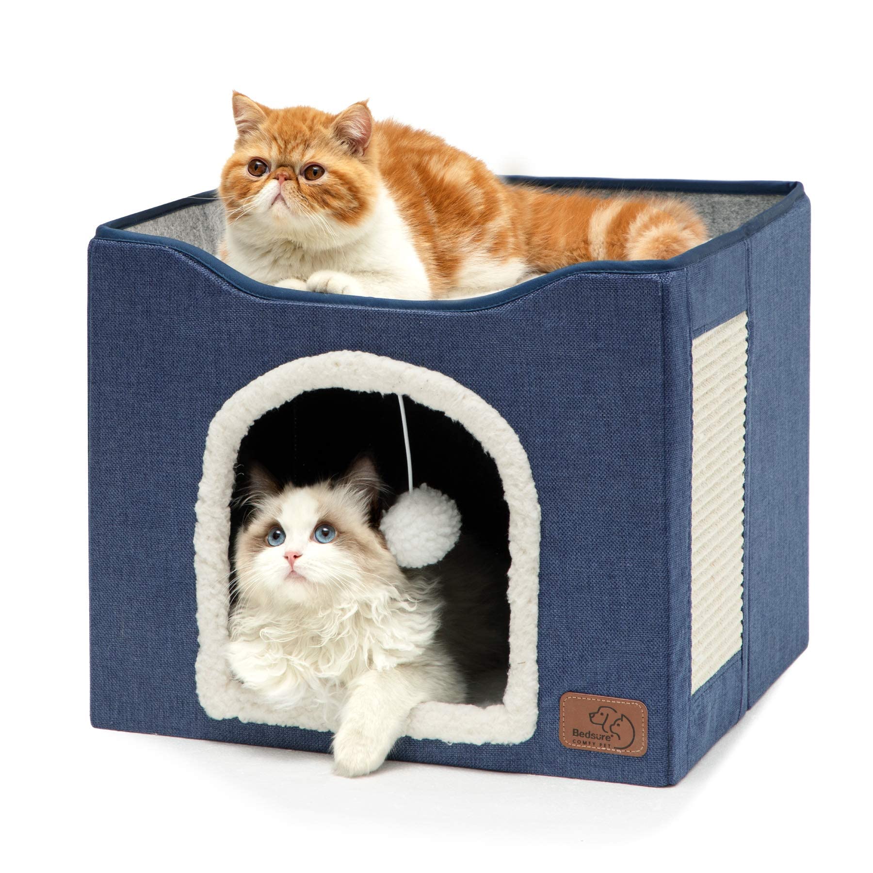 Cat house bed, suitable for indoor cats, equipped with fluffy balls and scratch pads, gray | 16.5x16.5x13 inches, foldable cat hiding place cube