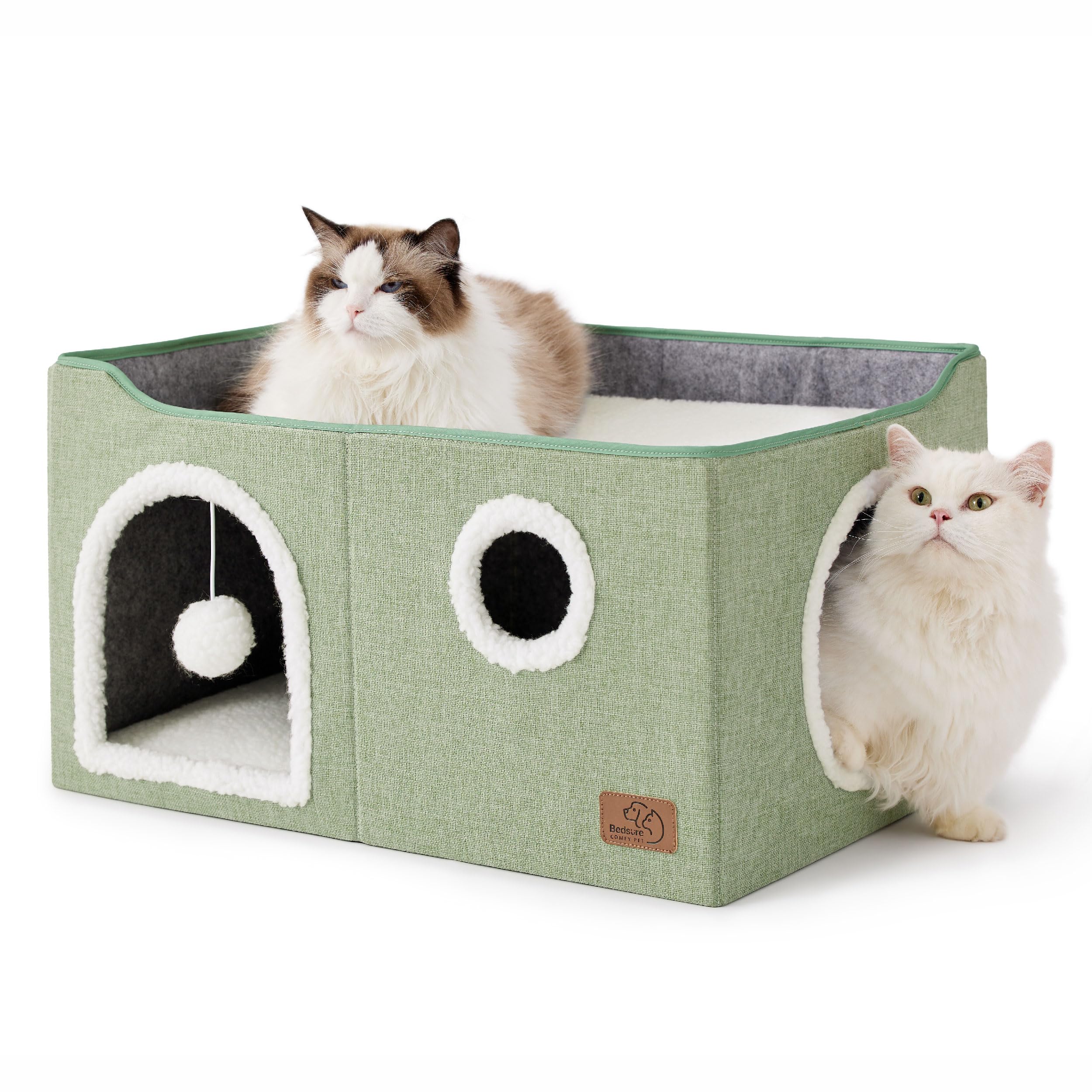 Cat house bed, suitable for indoor cats, equipped with fluffy balls and scratch pads, gray | 16.5x16.5x13 inches, foldable cat hiding place cube