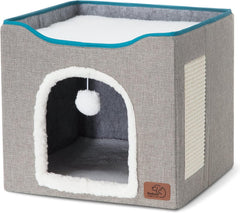 Cat house bed, suitable for indoor cats, equipped with fluffy balls and scratch pads, gray | 16.5x16.5x13 inches, foldable cat hiding place cube