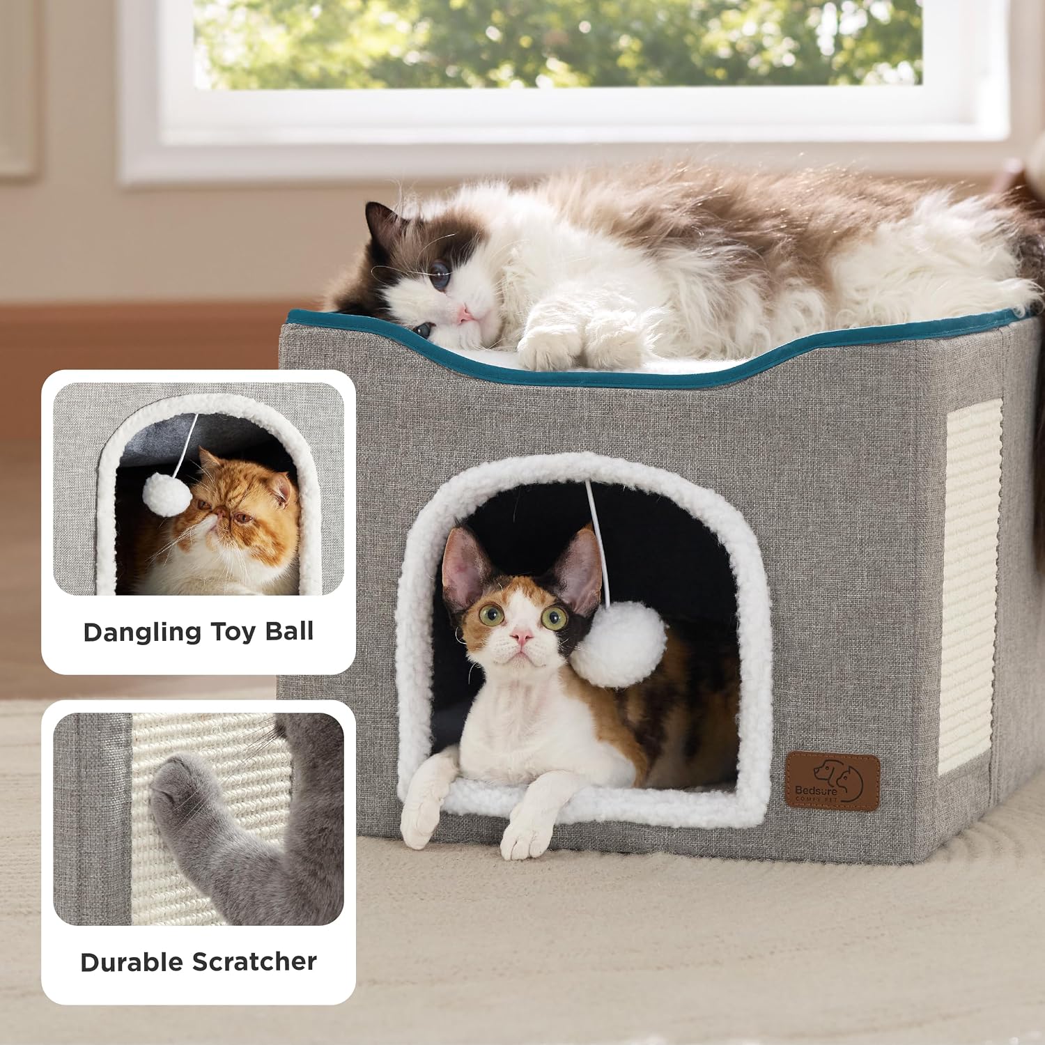 Cat house bed, suitable for indoor cats, equipped with fluffy balls and scratch pads, gray | 16.5x16.5x13 inches, foldable cat hiding place cube