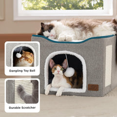Cat house bed, suitable for indoor cats, equipped with fluffy balls and scratch pads, gray | 16.5x16.5x13 inches, foldable cat hiding place cube