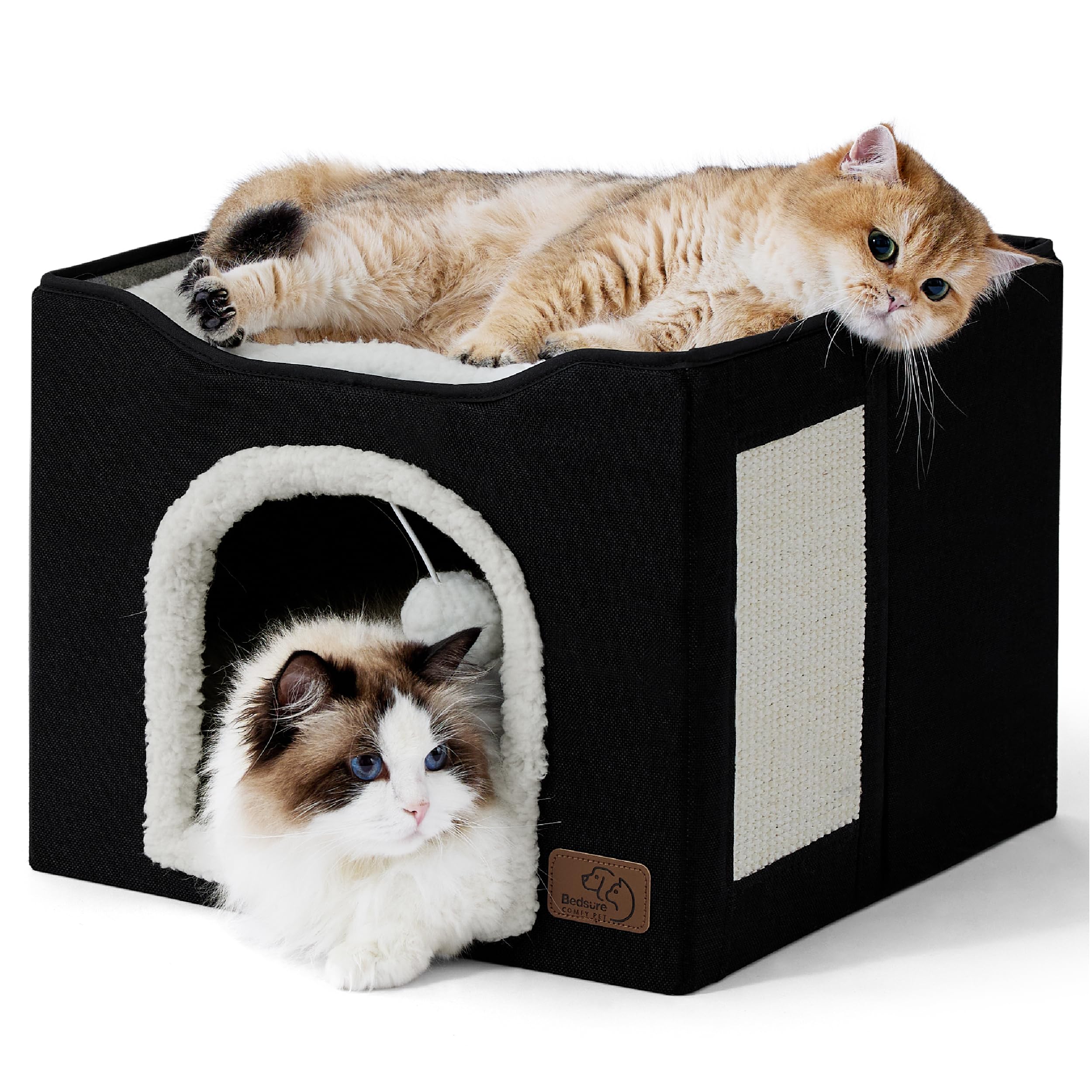 Cat house bed, suitable for indoor cats, equipped with fluffy balls and scratch pads, gray | 16.5x16.5x13 inches, foldable cat hiding place cube