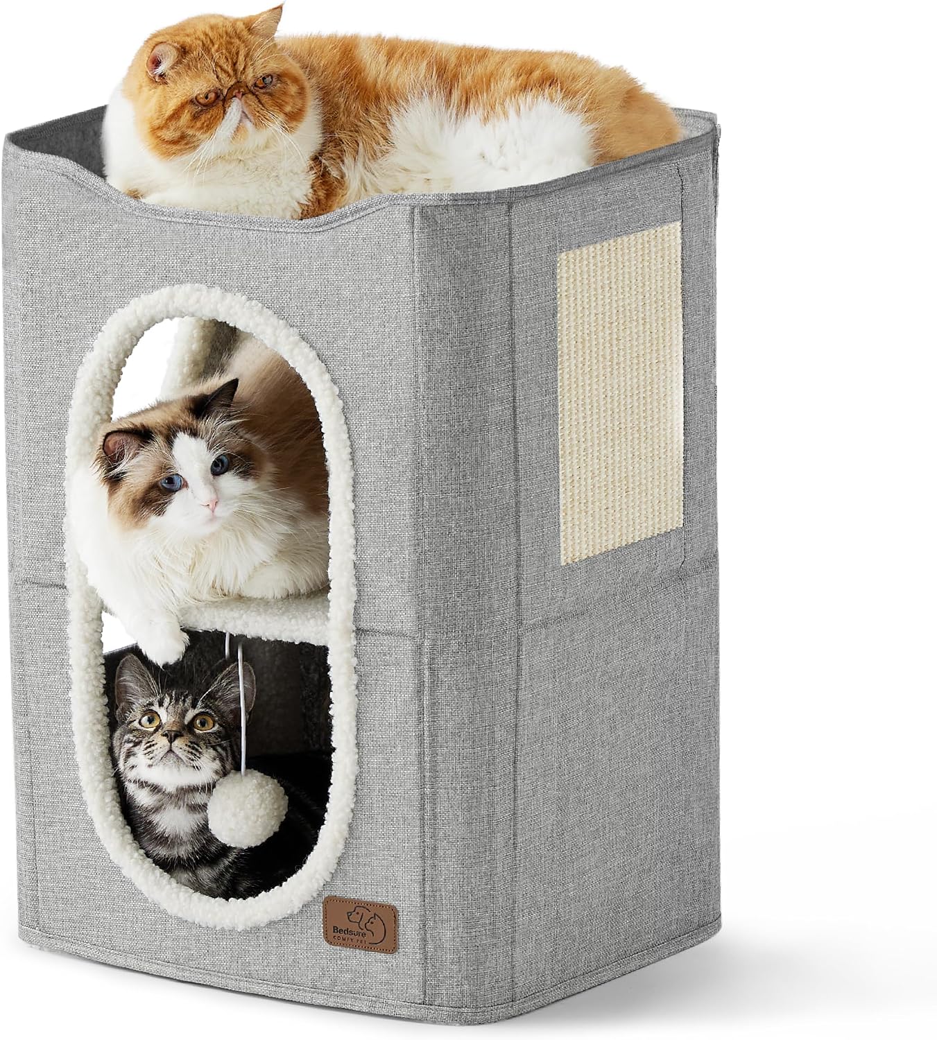 Cat house bed, suitable for indoor cats, equipped with fluffy balls and scratch pads, gray | 16.5x16.5x13 inches, foldable cat hiding place cube