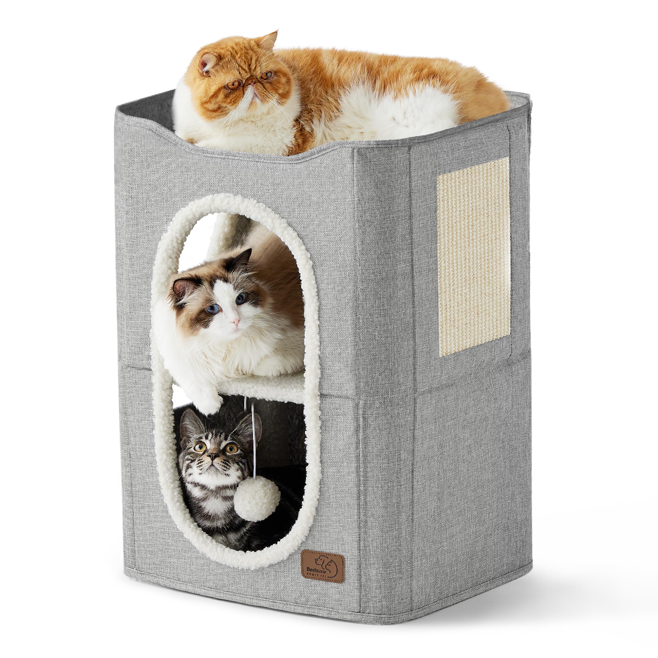 Cat house bed, suitable for indoor cats, equipped with fluffy balls and scratch pads, gray | 16.5x16.5x13 inches, foldable cat hiding place cube