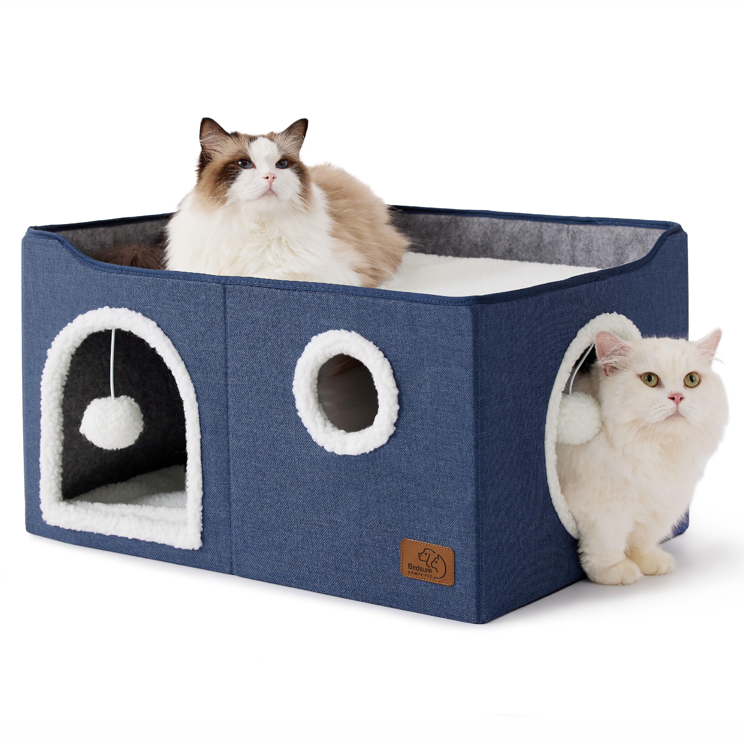 Cat house bed, suitable for indoor cats, equipped with fluffy balls and scratch pads, gray | 16.5x16.5x13 inches, foldable cat hiding place cube