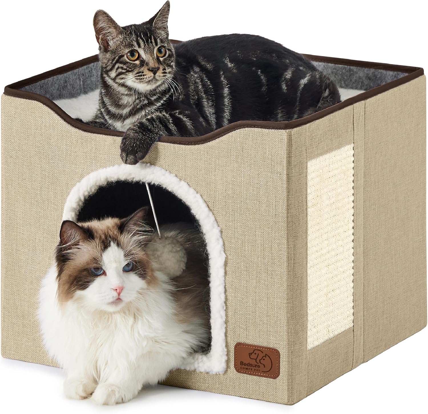 Cat house bed, suitable for indoor cats, equipped with fluffy balls and scratch pads, gray | 16.5x16.5x13 inches, foldable cat hiding place cube