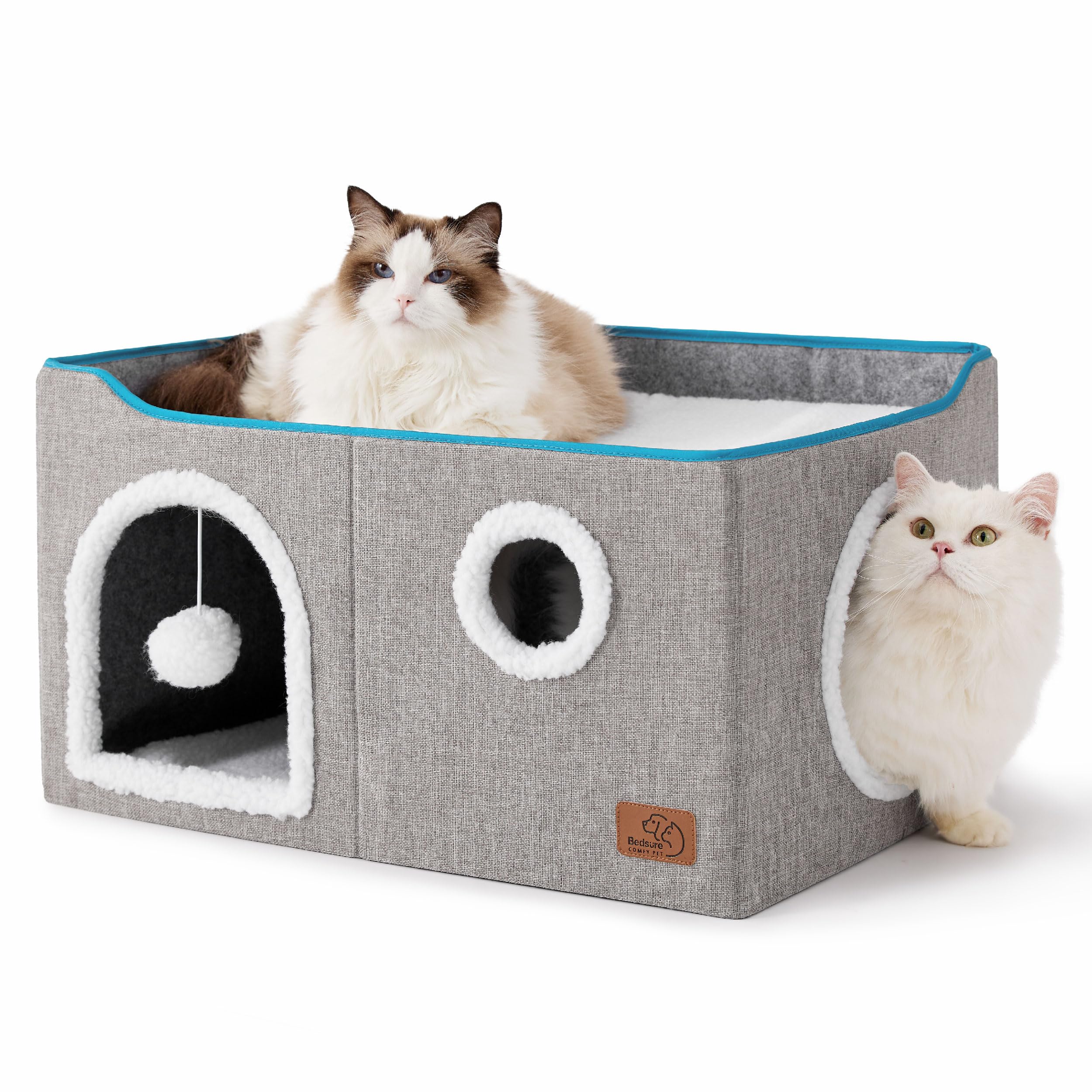 Cat house bed, suitable for indoor cats, equipped with fluffy balls and scratch pads, gray | 16.5x16.5x13 inches, foldable cat hiding place cube
