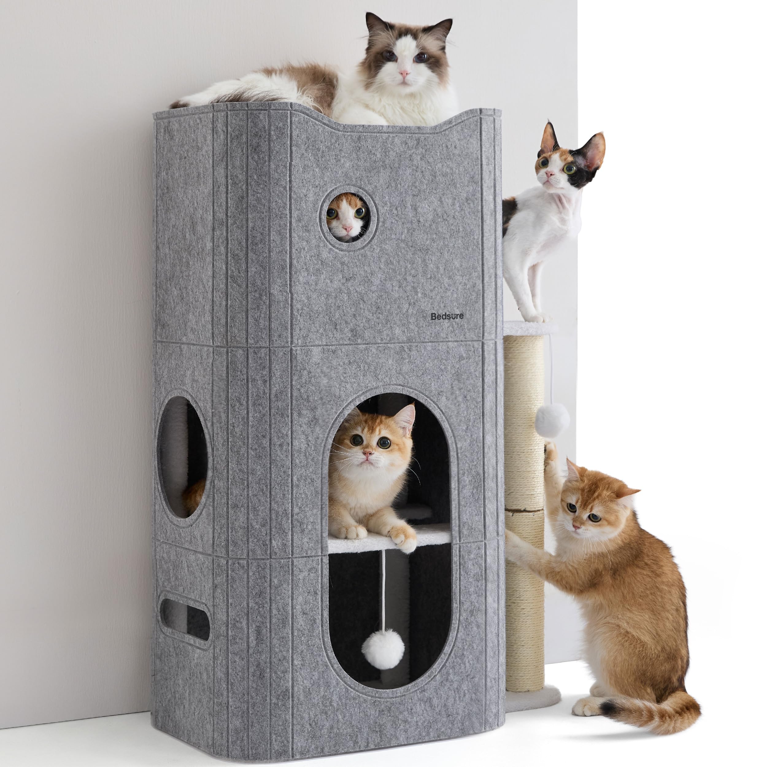 Cat house bed, suitable for indoor cats, equipped with fluffy balls and scratch pads, gray | 16.5x16.5x13 inches, foldable cat hiding place cube